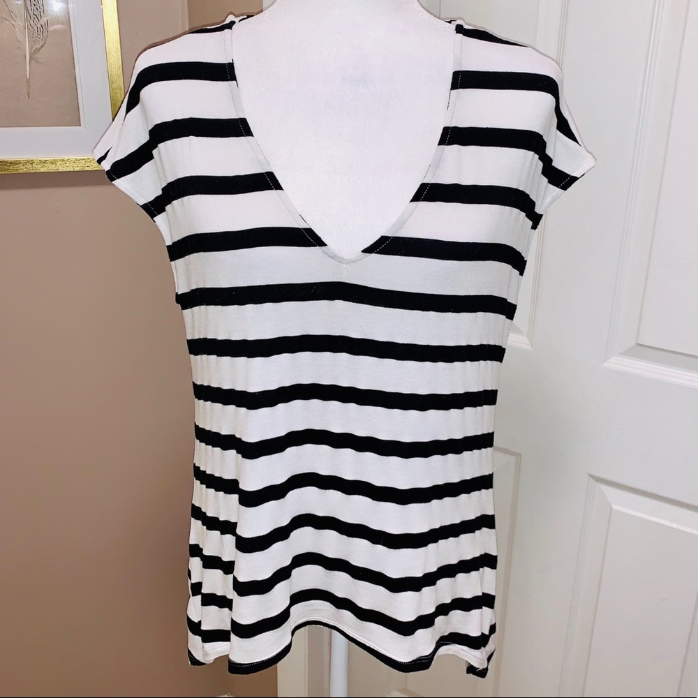 WH|BM Striped Cap Sleeve Shirt W/Sheer Back Panel